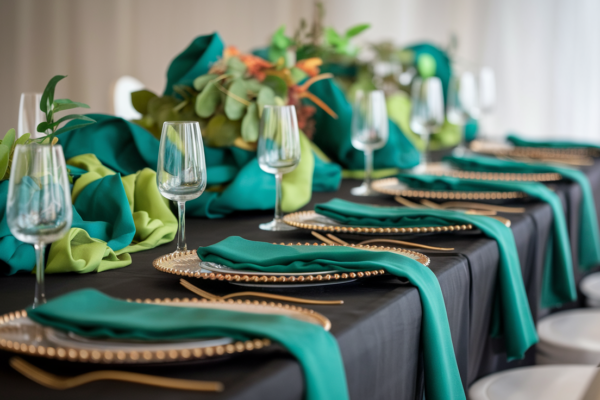 Black table cloth green waterfall napkins gold charger