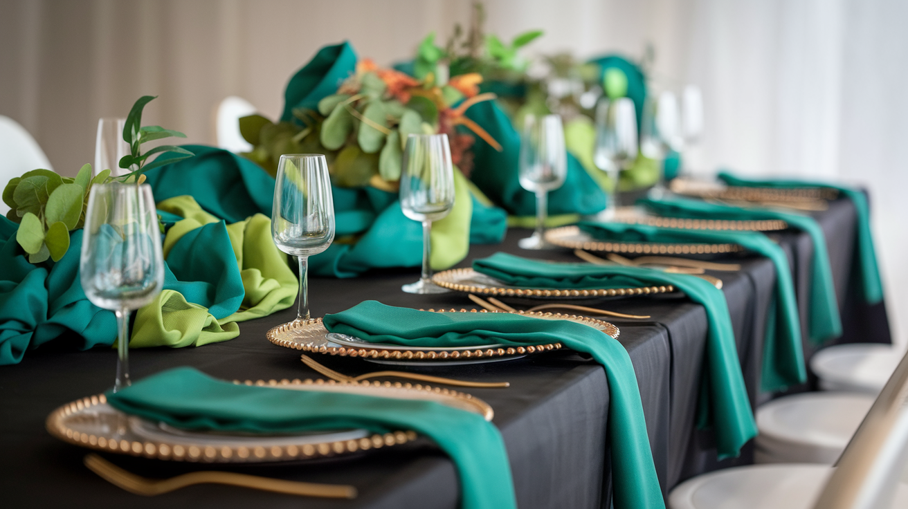 Black table cloth green waterfall napkins gold charger