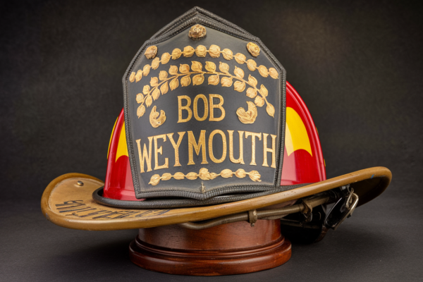 bob weymouth hand painted gold leaf fire helmet shields​