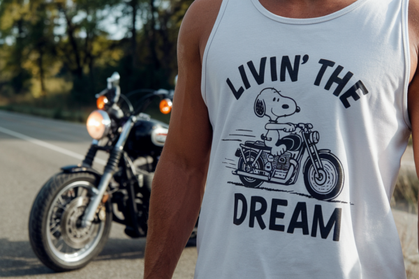 livin the dream Snoopy white tank top motorcycle