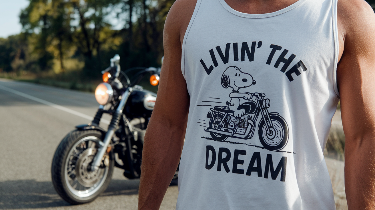 livin the dream Snoopy white tank top motorcycle